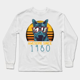 Awesome Since 1980 40th Birthday Black Cat Kitten Vintage Retro Animal Gifts Long Sleeve T-Shirt